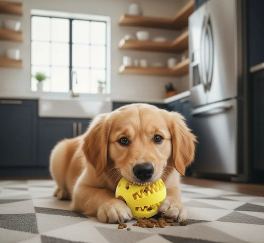 Balle friandise chien anti-glouton jaune pour Golden Retriever afin de ralentir un chien glouton