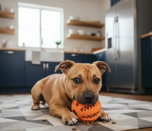 Balle friandise chien anti-glouton orange utilisée par un Staffie pour manger plus lentement