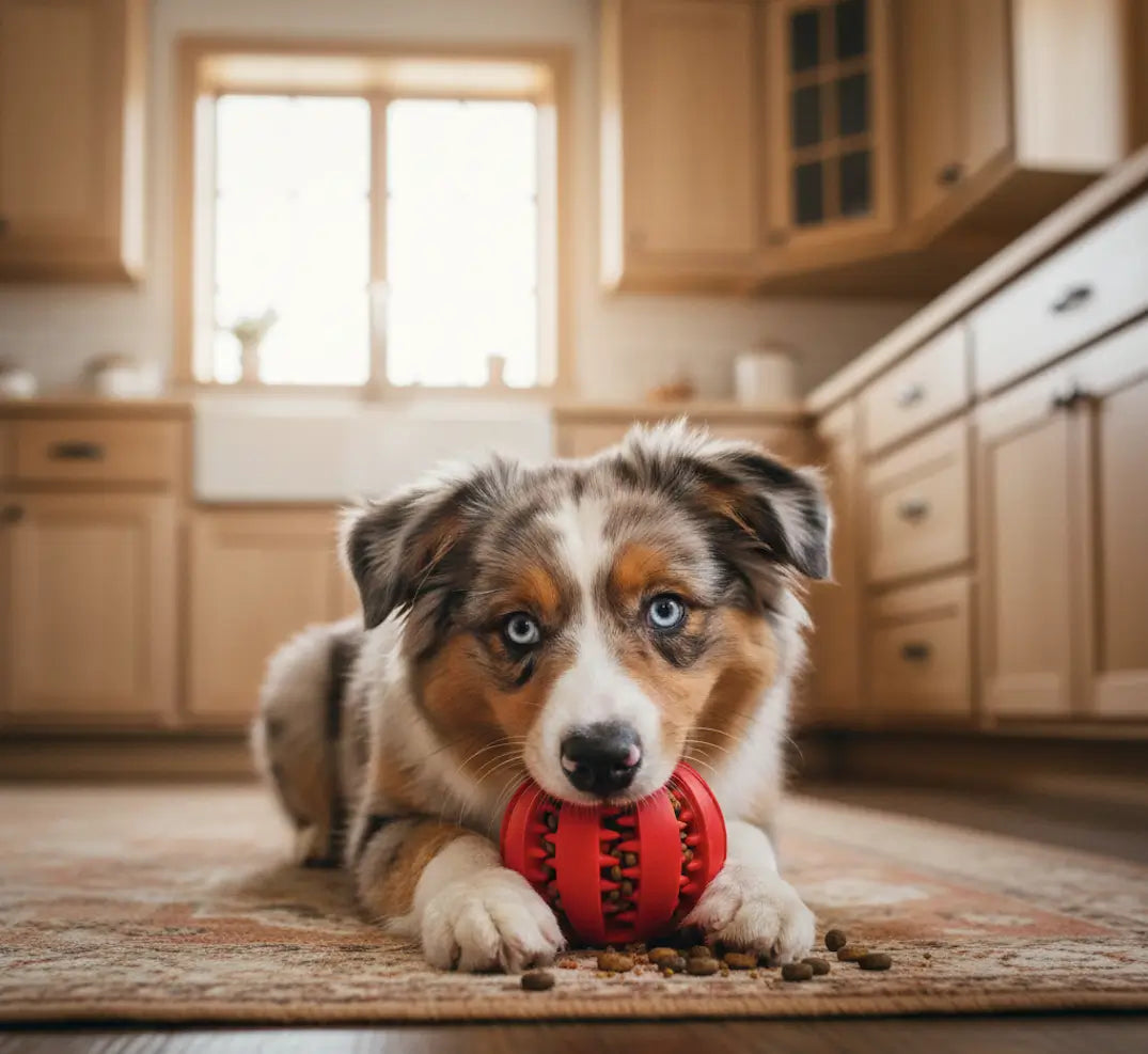 Balle distributrice chien anti-glouton rouge avec un Berger Australien pendant le repas à la maison