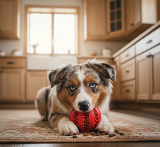Balle distributrice chien anti-glouton rouge avec un Berger Australien pendant le repas à la maison