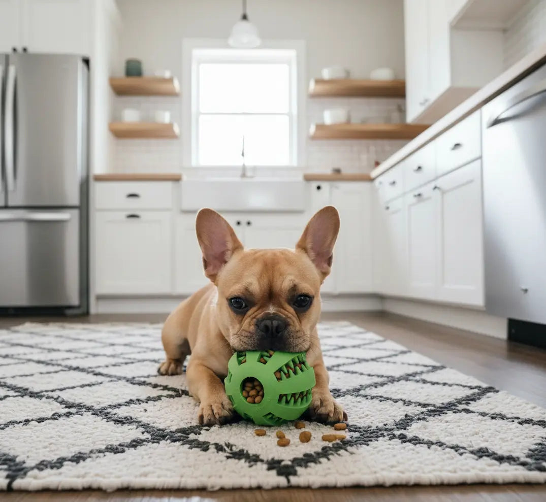 Balle friandise chien anti-glouton verte pour Bouledogue français, idéale pour un repas plus calme