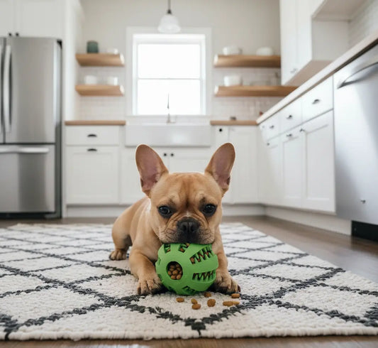 Balle friandise chien anti-glouton verte pour Bouledogue français, idéale pour un repas plus calme