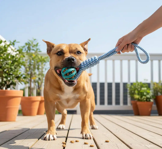 Balle friandise chien indestructible bleue conçue pour résister à la traction d’un pitbull à mâchoire puissante