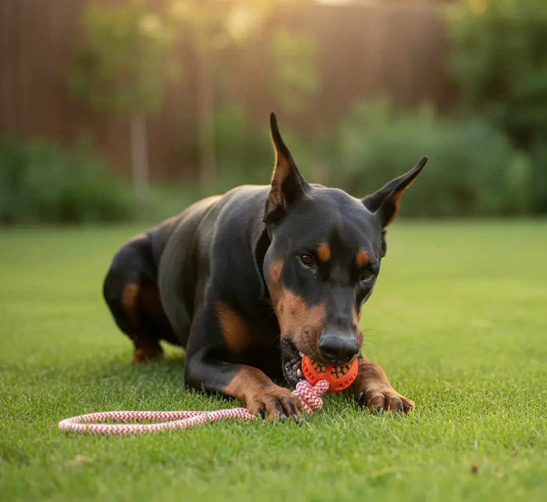 Balle friandise chien indestructible adaptée à la mastication agressive d’un doberman lors de jeux en extérieur