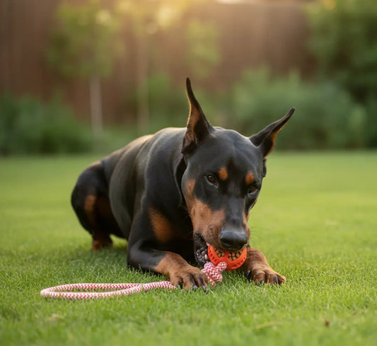 Balle friandise chien indestructible adaptée à la mastication agressive d’un doberman lors de jeux en extérieur