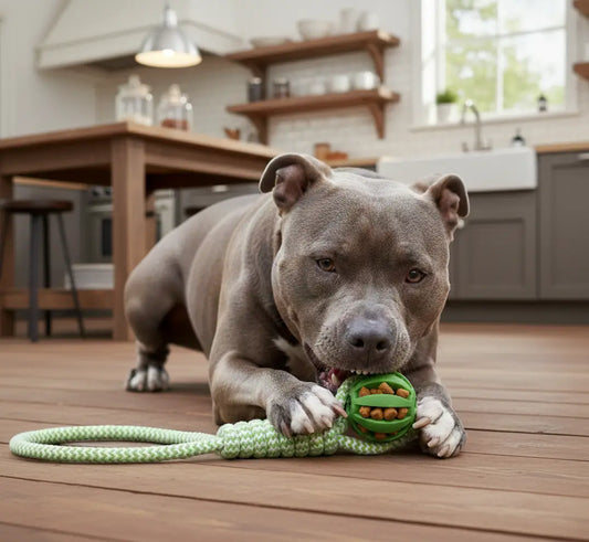 Balle friandise chien indestructible avec croquettes intégrées pour occuper durablement un pitbull destructeur