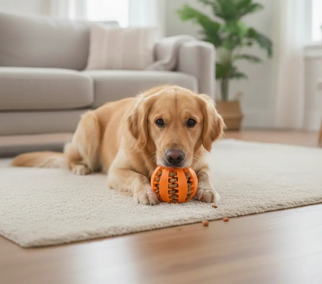 Balle friandise rouge pour chien utilisée en intérieur pour ralentir les repas et occuper le chien au quotidien