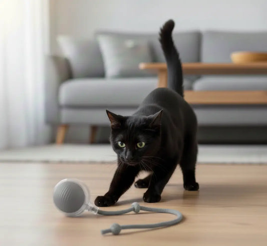 Balle interactive pour chat grise, jouet automatique stimulant l’instinct de chasse, un chat noir se prépare à bondir pour attraper la balle en mouvement.
