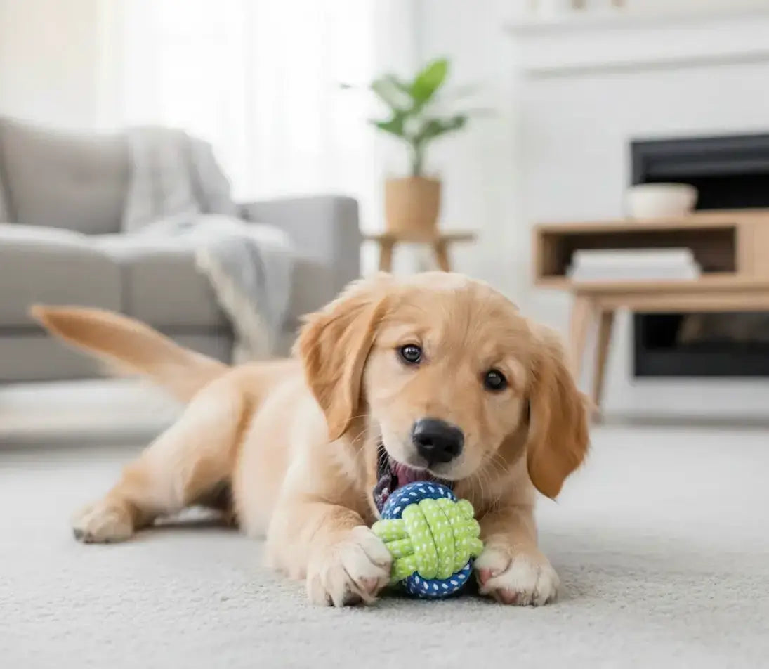 Chiot Golden mordillant une balle tressée en coton, jouet mâcher chiot idéal pour la mastication douce, apaiser les gencives sensibles et canaliser un chiot qui mord tout.