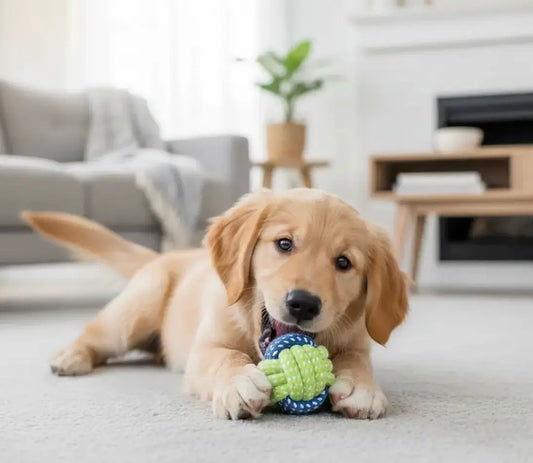 Chiot Golden mordillant une balle tressée en coton, jouet mâcher chiot idéal pour la mastication douce, apaiser les gencives sensibles et canaliser un chiot qui mord tout.