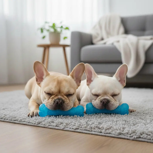 Deux chiots Bulldog Français partageant un bâton dentaire chiot bleu, jouet dentition idéal pour calmer les mordillements et apaiser les gencives sensibles.