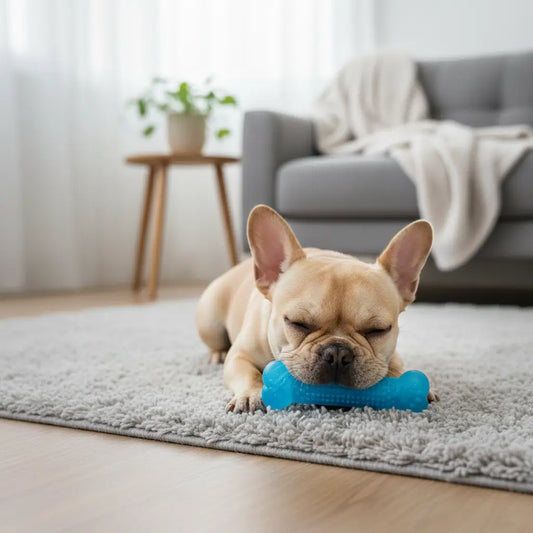 Chiot Bulldog Français mordillant un bâton dentaire chiot bleu pour calmer la douleur dentaire avant de s’endormir, jouet à mâcher adapté aux gencives sensibles.