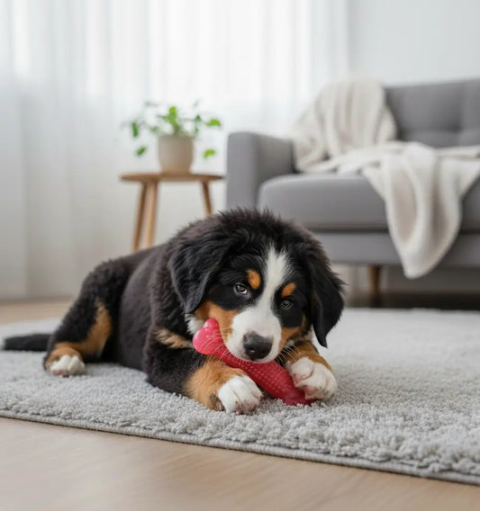 Chiot Berger Australien apaisé avec un bâton dentaire chiot rouge, jouet dentition conçu pour soulager la poussée dentaire et réduire les mordillements.