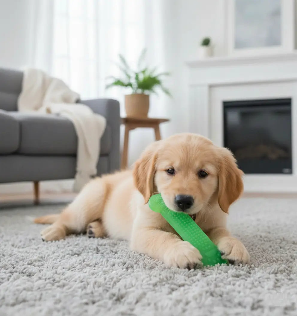 Chiot Golden Retriever de 3 mois jouant avec un bâton dentaire chiot vert, jouet dentition souple qui apaise les gencives fragiles et encourage une mastication saine.