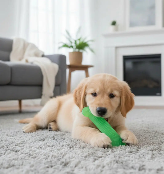 Chiot Golden Retriever de 3 mois jouant avec un bâton dentaire chiot vert, jouet dentition souple qui apaise les gencives fragiles et encourage une mastication saine.