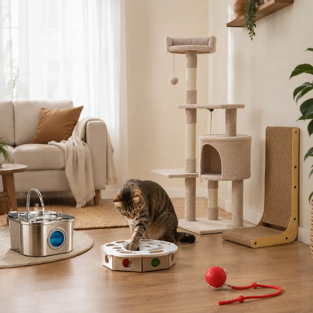 Chat adulte dans une pièce de vie avec puzzle interactif, balle automatique, fontaine à eau inox, arbre à chat et griffoir mural.