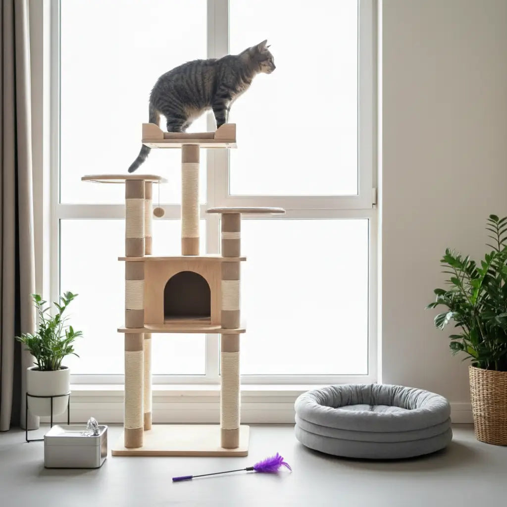 Best-sellers chat 2026 en situation : jouets interactifs, arbre à chat XXL, fontaine à eau inox et coussin cocooning pour le bien-être quotidien du chat.