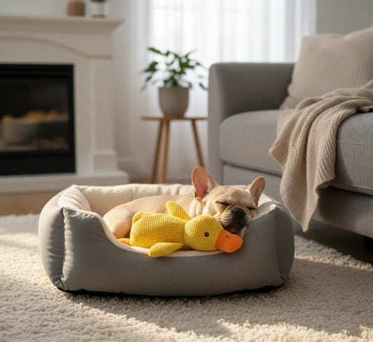 Bulldog français dormant avec le Canard Anti-Ennui, peluche rassurante à prix mini, jouet dentaire doux qui apaise et accompagne le chien au quotidien.