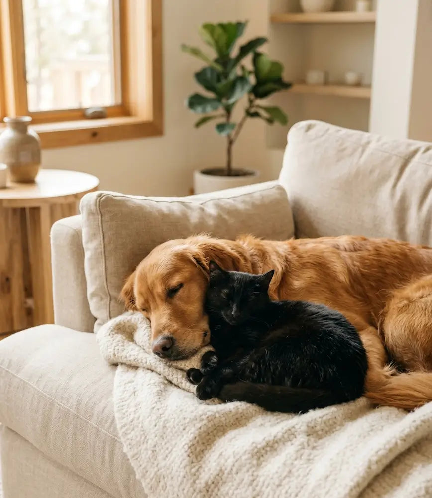 Chien et chat dormant ensemble sur un canapé dans une ambiance douce et chaleureuse, symbole de bien-être et de complicité à la maison