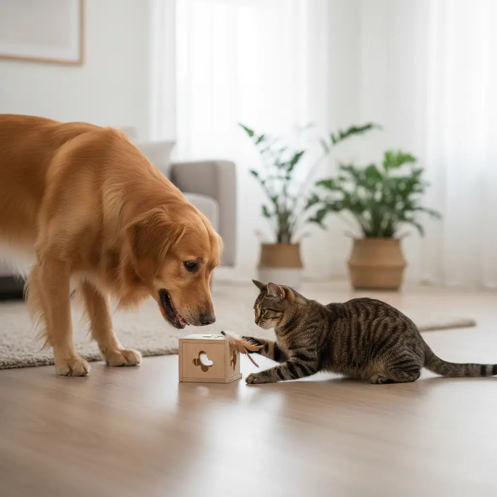 Chien et chat jouant avec des jouets interactifs à la maison, stimulation mentale et bien-être.
