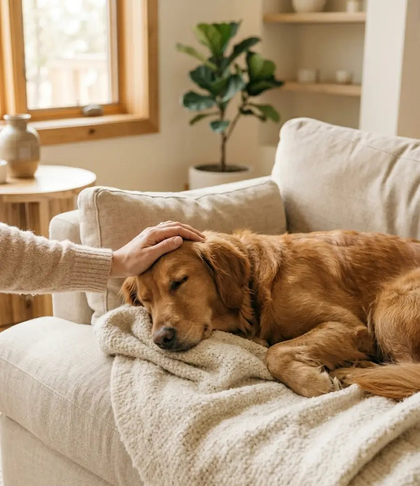 Chien Golden Retriever détendu sur un canapé pendant qu’une main le caresse, illustrant le bien-être animal