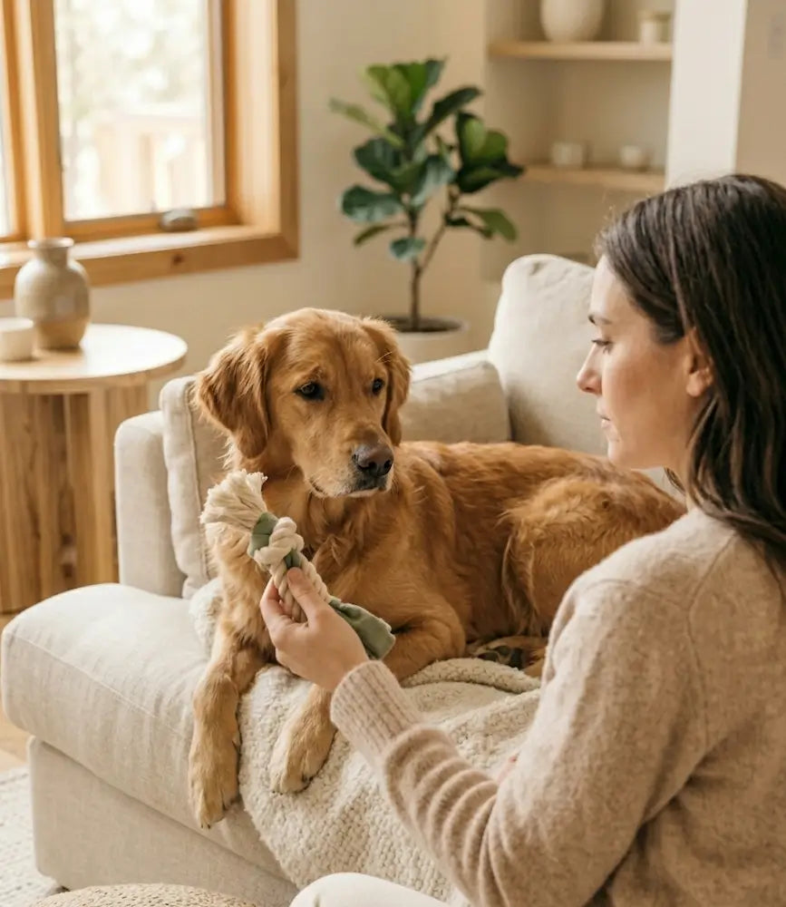 Pet parent choisissant un jouet pour son chien Golden Retriever dans un salon lumineux, illustrant une sélection d’accessoires réfléchie pour le bien-être animal