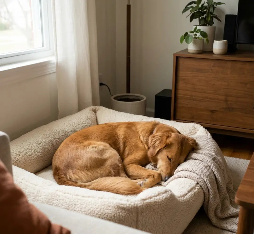 Chien apaisé reposant dans un panier cocooning, idéal pour favoriser le calme, la détente et le bien-être à la maison.
