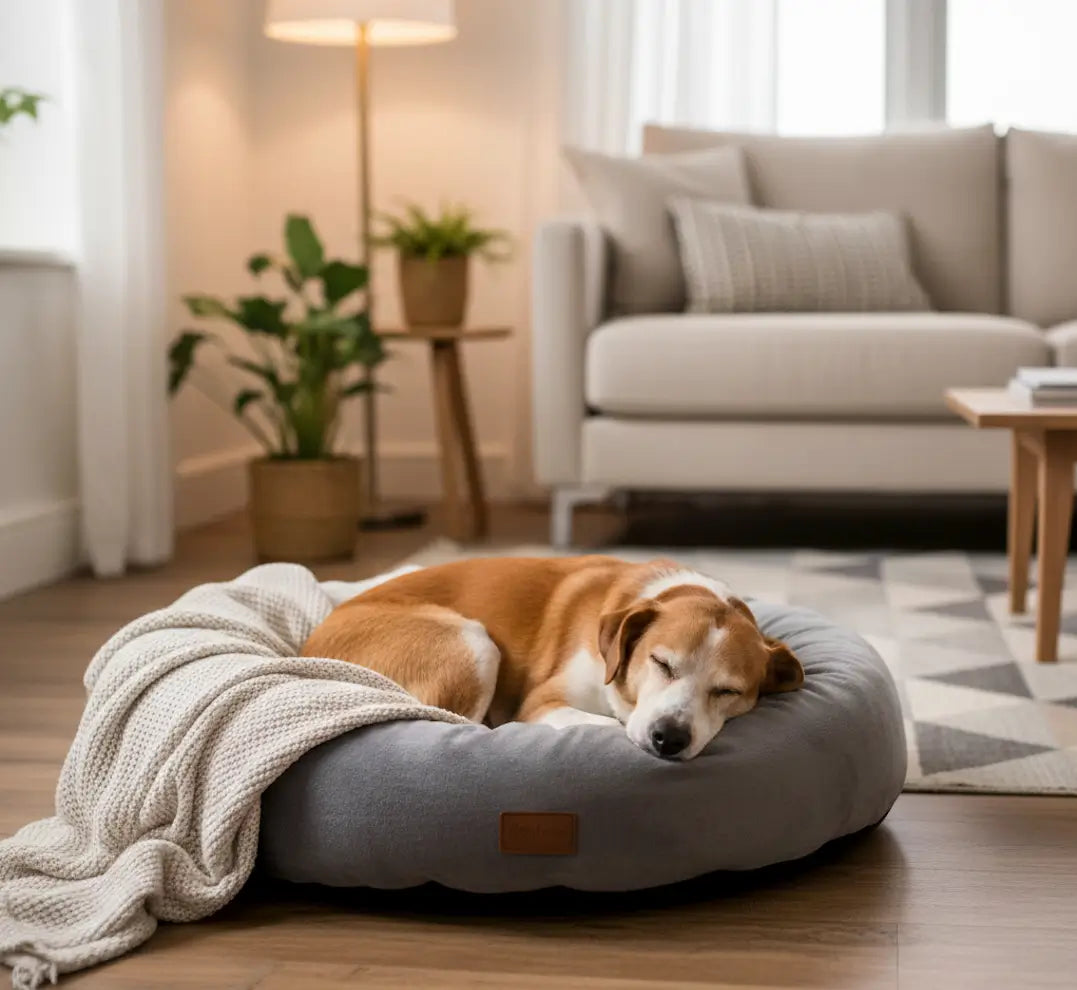 Panier cocooning pour chien installé dans un intérieur chaleureux, montrant l’usage quotidien et le confort à la maison.