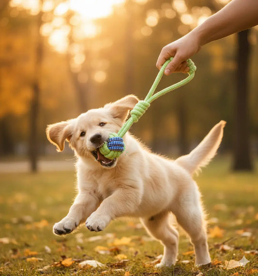 Golden Retriever jouant avec une corde tressée à balle 27 cm en extérieur, jouet à mâcher chiot durable pour dépenser son énergie et améliorer l’hygiène dentaire.