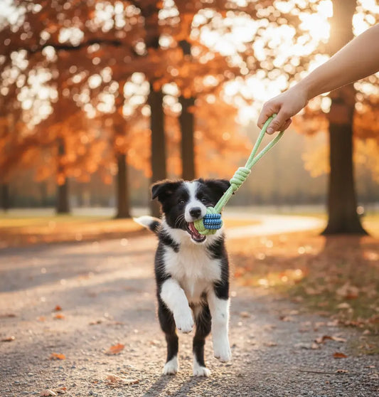 Chiot mordillant une corde tressée à balle 32 cm en extérieur, jouet de traction solide pour renforcer la mâchoire, réduire le stress et canaliser la mastication.