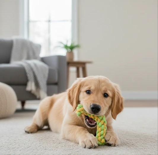 Chiot Labrador mordillant une corde tressée simple, jouet dentaire chiot idéal pour nettoyer les dents, occuper un chiot destructeur et apaiser les gencives.