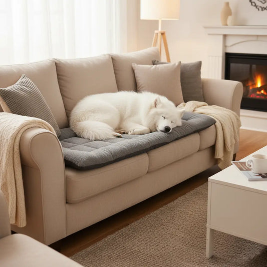Coussin apaisant chien XXL gris posé sur un canapé pour protéger le tissu, coussin anti stress moelleux avec Samoyède détendu.