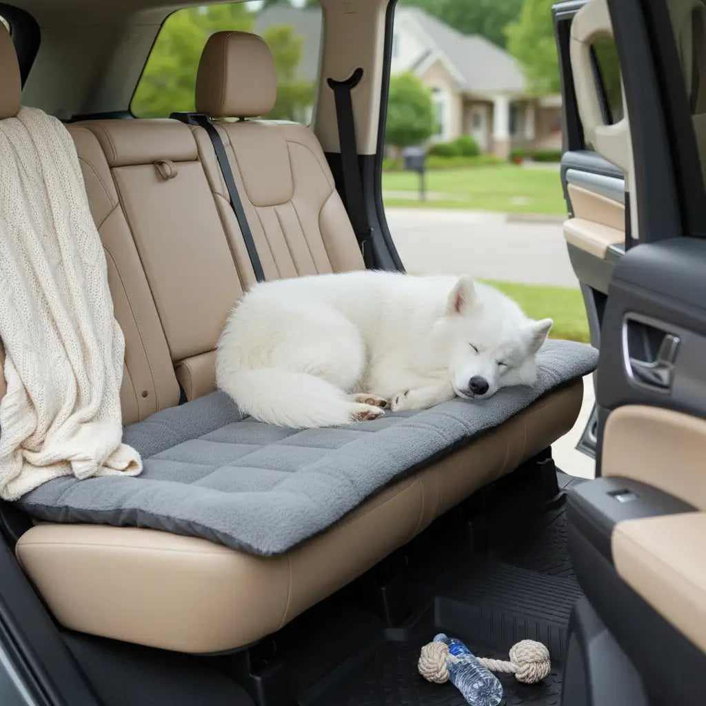 Coussin apaisant chien XXL gris placé sur la banquette arrière de voiture, coussin calmant moelleux pour Samoyède en voyage