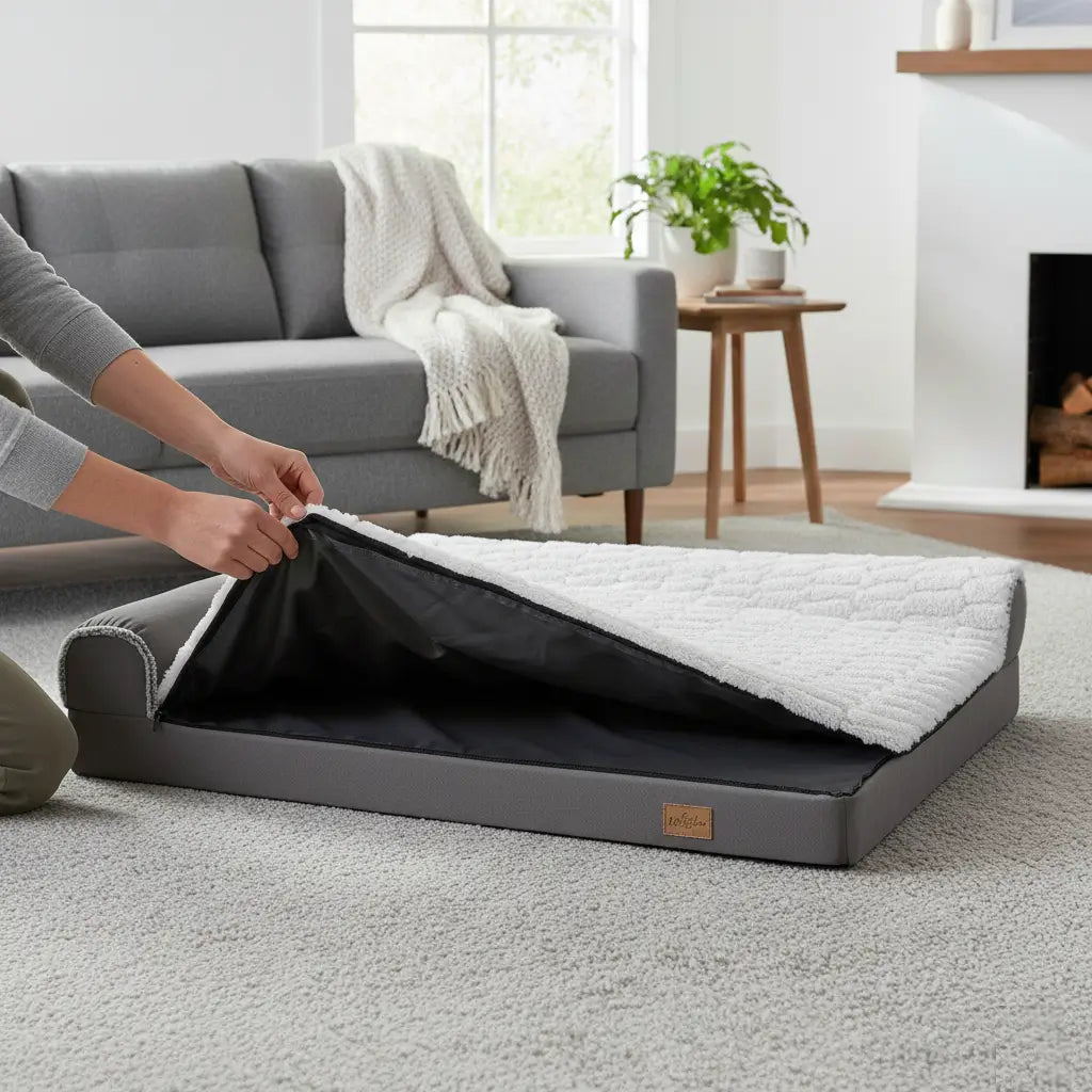Coussin chien XXL 120 cm avec housse déhoussable lavable, zip complet et protection waterproof, pratique pour l’entretien quotidien.