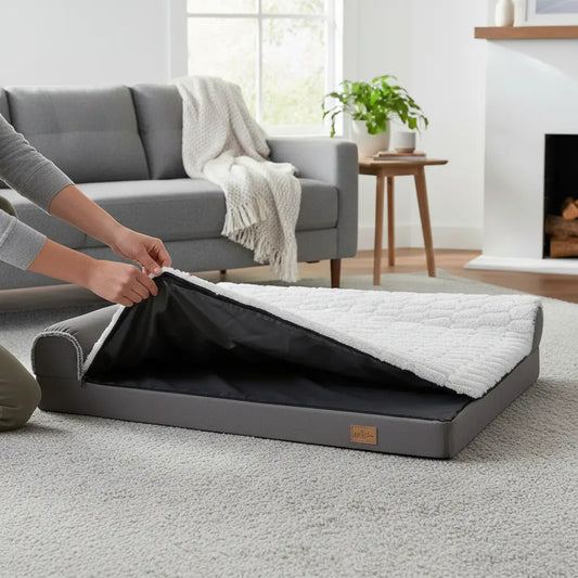 Coussin chien XXL 120 cm avec housse déhoussable lavable, zip complet et protection waterproof, pratique pour l’entretien quotidien.