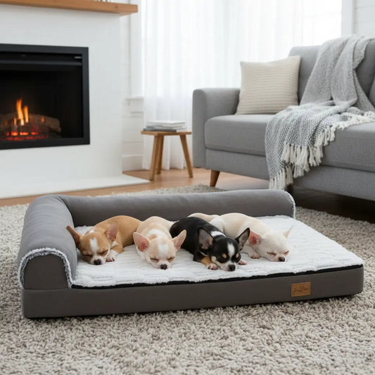 Quatre chihuahuas reposent ensemble sur un coussin chien XXL 120 cm spacieux et doux, lit confortable adapté à plusieurs petits chiens.
