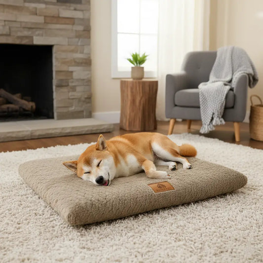 Coussin chien XXL déhoussable beige en taille M avec housse zippée, lavable et facile à nettoyer, utilisé par un Shiba Inu qui dort dans un salon cosy.