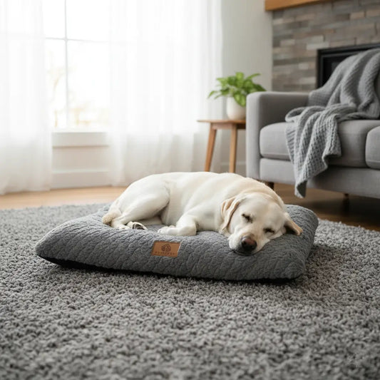 Coussin chien XXL déhoussable gris foncé en XL, lavable en machine et facile à nettoyer, avec un Labrador blanc qui dort confortablement.