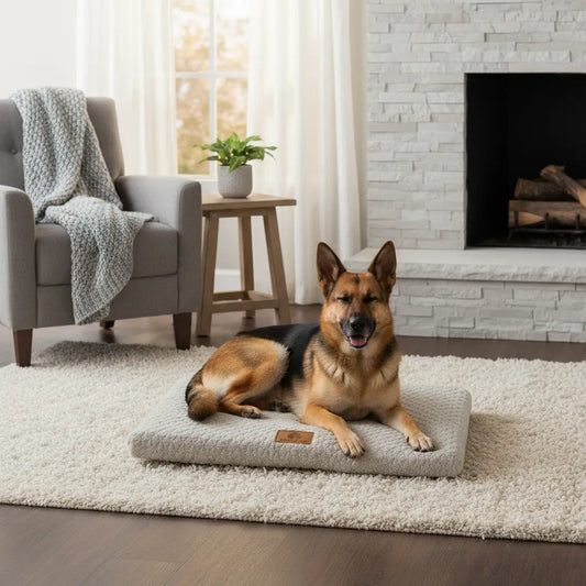 Coussin chien XXL déhoussable gris en taille L, lavable en machine avec housse zippée, où un Berger Allemand se repose dans un salon chaleureux.