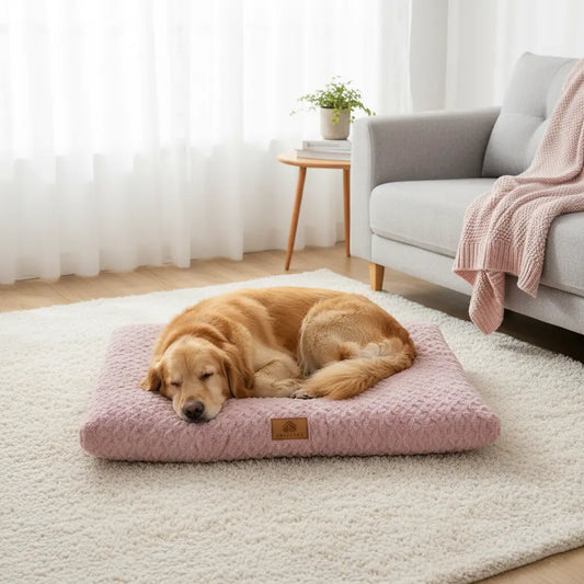 Coussin chien XXL déhoussable rose en taille XL, lavable et équipé d’une housse zippée, utilisé par un Labrador marron dans un salon cosy.