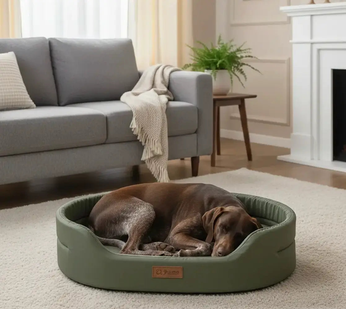 Coussin chien XXL design vert kaki avec Braque Allemand, lit moderne et confortable intégré à la déco d’un salon cosy.