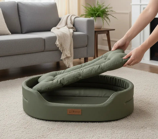 Coussin chien XXL design vert kaki avec fond Oxford 600D amovible et waterproof, lit moderne et fonctionnel pour intérieur maison.