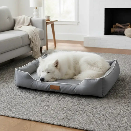 Coussin chien XXL imperméable gris avec Samoyède endormi, très confortable pour grands chiens, tissu Oxford 900D résistant et 4 saisons.