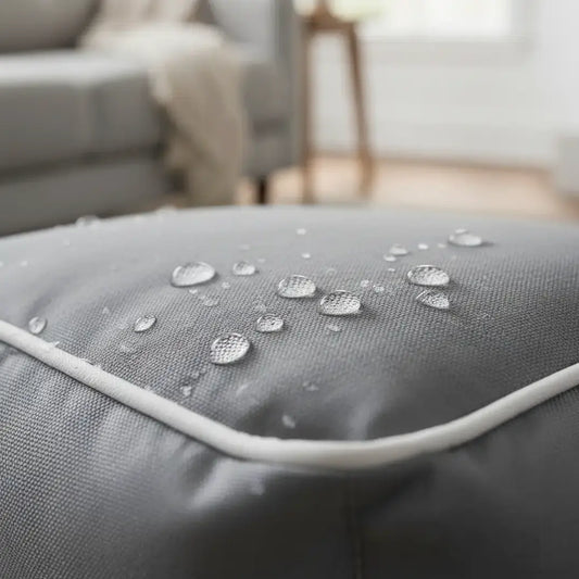 Zoom sur le coussin chien XXL imperméable gris, tissu Oxford 900D waterproof avec gouttes d’eau montrant sa résistance à l’humidité et aux taches.