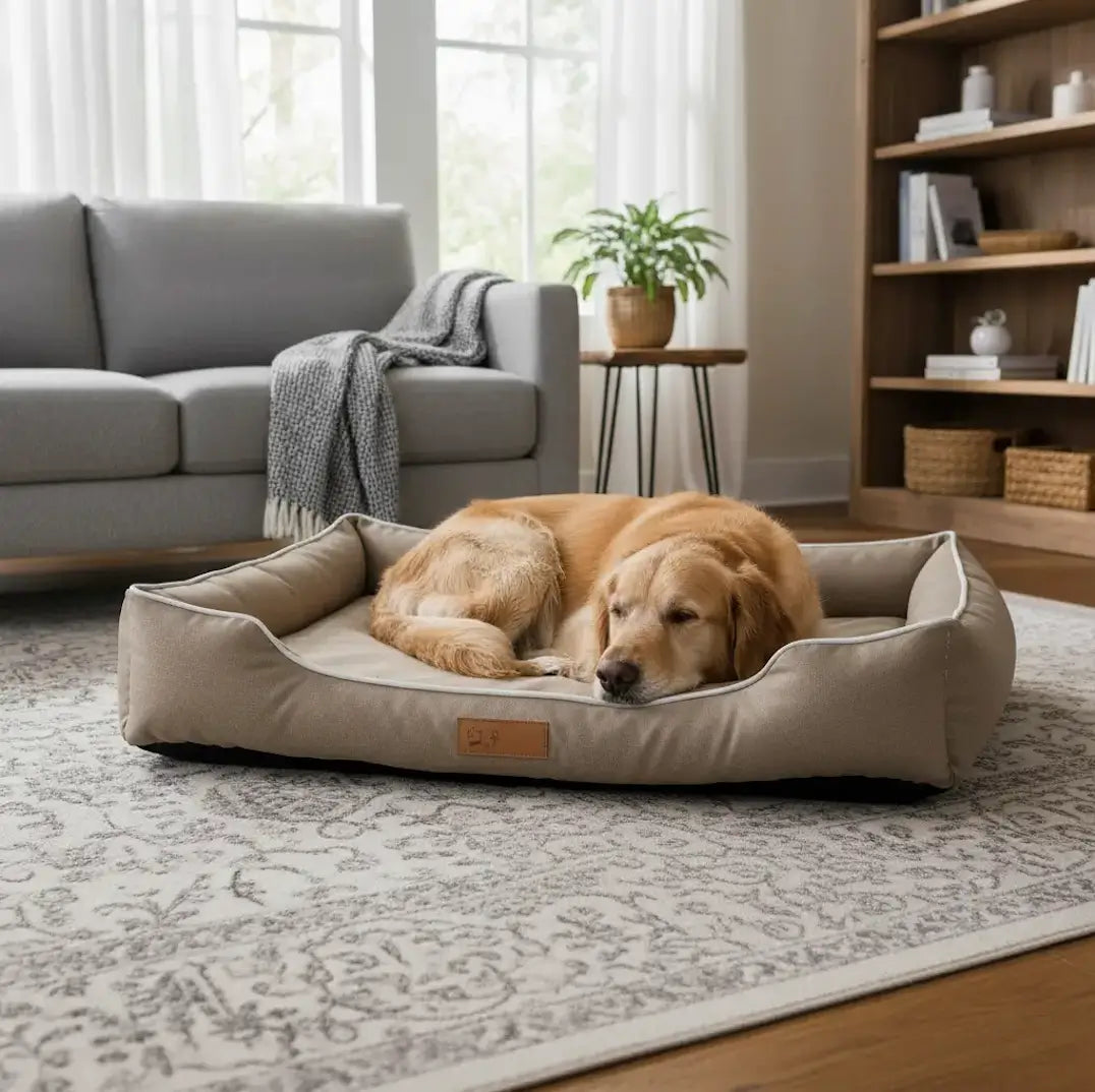 Coussin chien XXL imperméable taupe avec Labrador qui dort, pad réversible 4 saisons, tissu waterproof facile à nettoyer pour chien de grande taille.