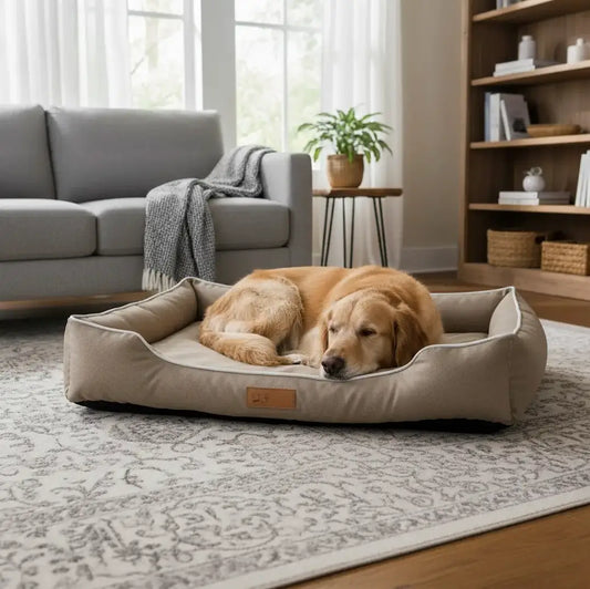 Coussin chien XXL imperméable taupe avec Labrador qui dort, pad réversible 4 saisons, tissu waterproof facile à nettoyer pour chien de grande taille.
