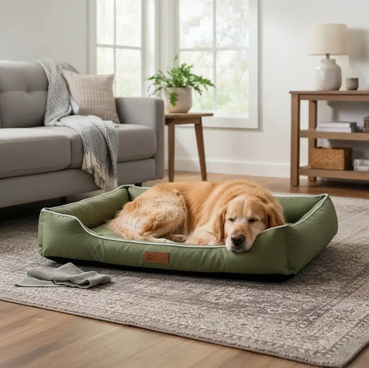 Coussin chien XXL imperméable vert kaki avec Labrador endormi, idéal pour grands chiens, confort 4 saisons et tissu Oxford 900D waterproof.