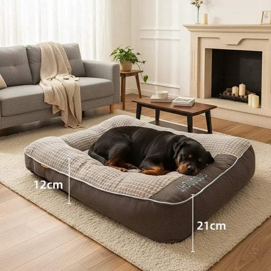 Coussin chien XXL indestructible avec dimensions visibles, matelas robuste pour grands chiens destructeurs. Ultra résistant, anti-morsure, parfait pour chiens puissants.