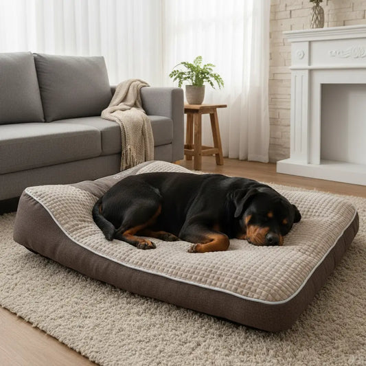 Coussin chien XXL indestructible ultra résistant pour chien destructeur, matelas anti-morsure et anti-déchirure dans un salon cosy. Parfait pour grands chiens qui mordillent ou griffent.