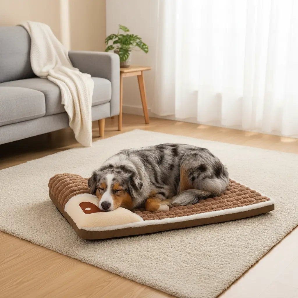 Coussin chien XXL mémoire de forme marron avec Berger Australien. Soutien orthopédique idéal pour chien senior, soulage le dos et les articulations.